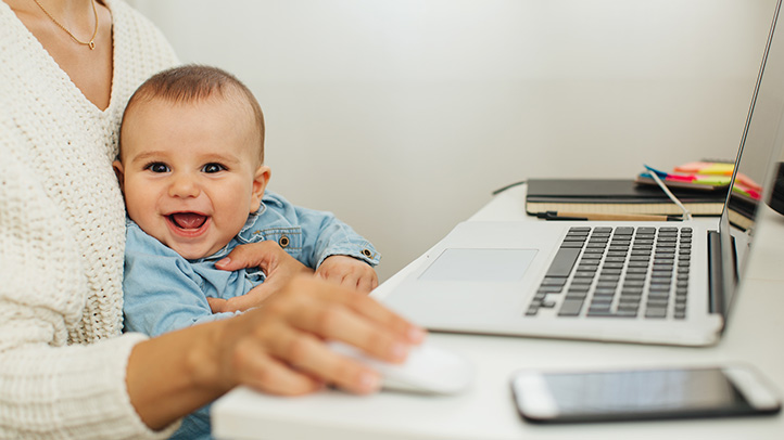 working mom with baby, balancing work and new baby