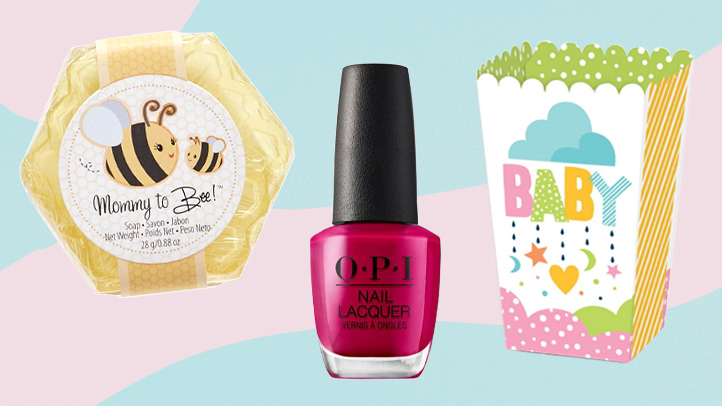 Baby Shower Favors: Mommy to Bee soap, pink OPI nail polish, popcorn box with the word "baby" on it