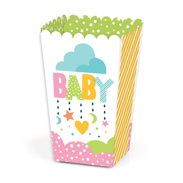 Colorful pastel popcorn box with scalloped top edge and "baby" written on the front in playful block lettering