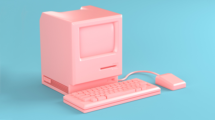 gender ultrasound, pink toy computer on blue background