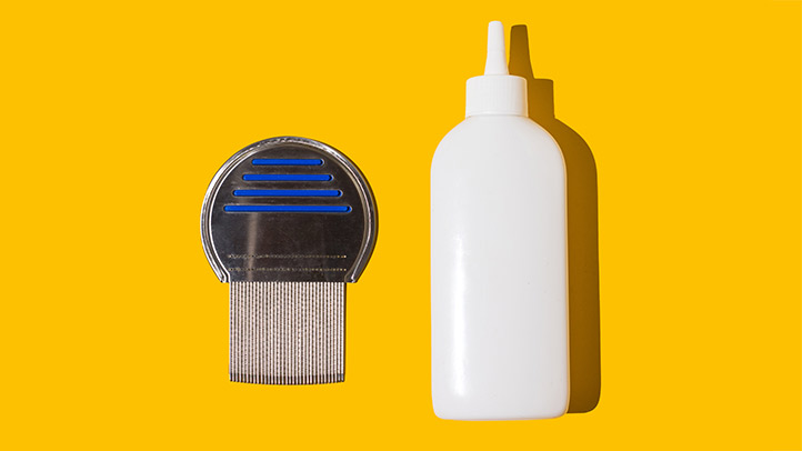 head lice, comb and squirt bottle for head lice removal