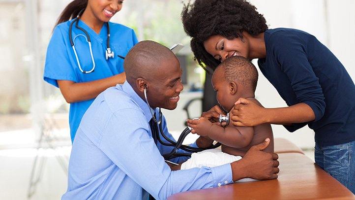 baby with mother at doctor, hepatitis a vaccine, hep a 