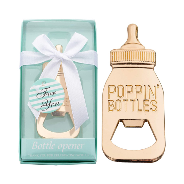 Gold bottle opener with "poppin' bottles" message printed in
