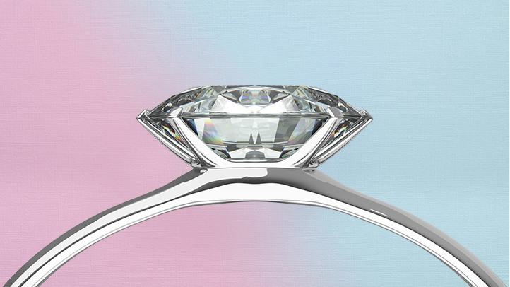 Does the ring gender test really work? Diamond ring on pale blue and pink background