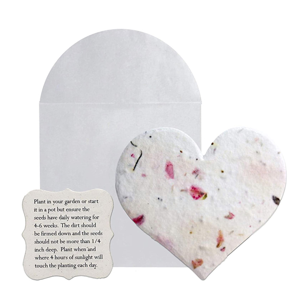 Heart-shaped seed gift tag with instruction card and envelope