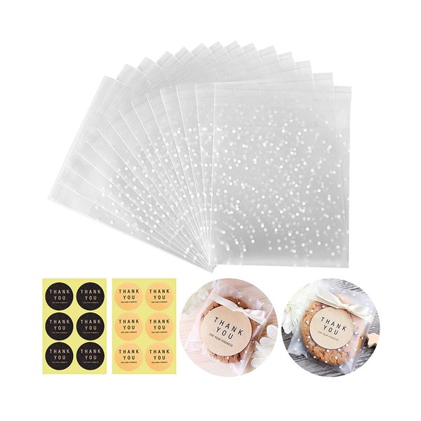 Self-adhesive cellophane cookie bags with polka dots and thank you stickers