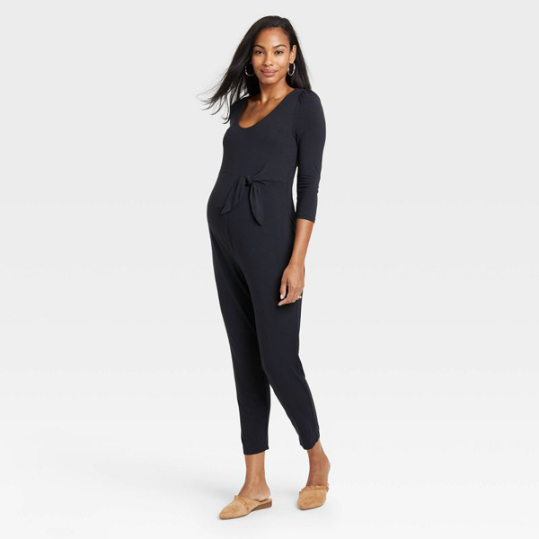 The Nines by Hatch 3/4 Sleeve Tie Waist Maternity Jumpsuit in black